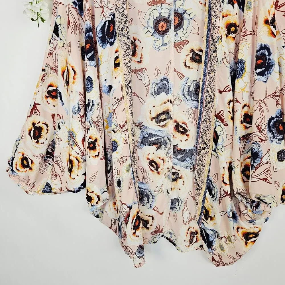 Maurices Pink Floral Peasant Sleeve Kimono XL Large Boho Spring Cover Up Cottage